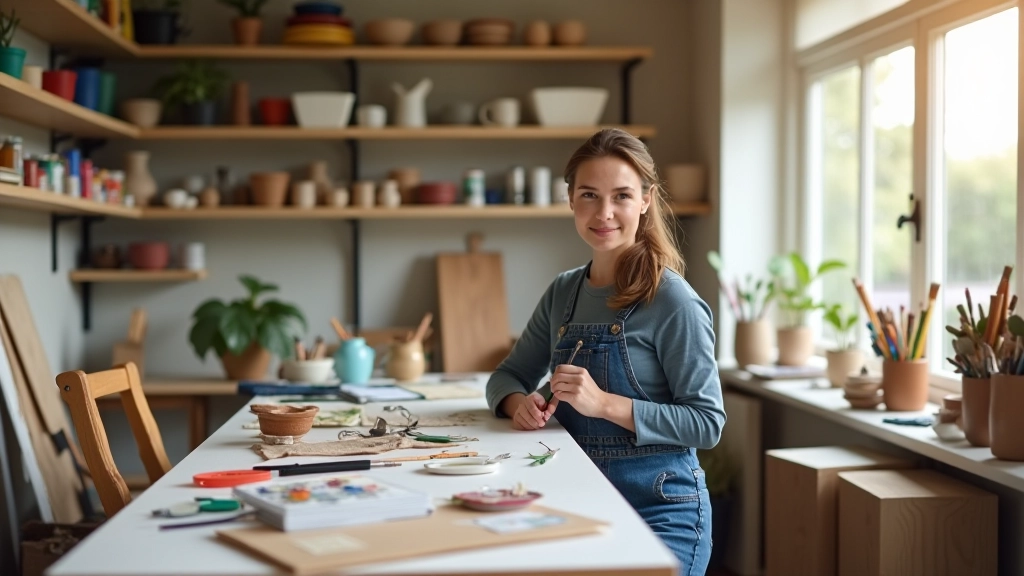 Person selecting art supplies from shelves in a bright studio, various paints and materials organized by color