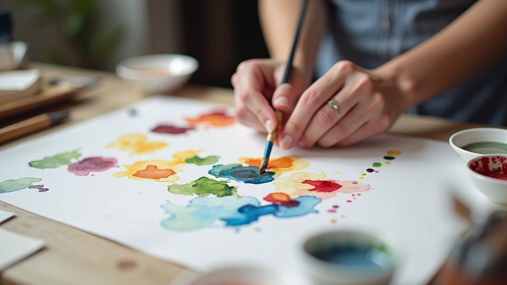 Artist mixing watercolours on a wooden palette with various brush strokes visible on white paper