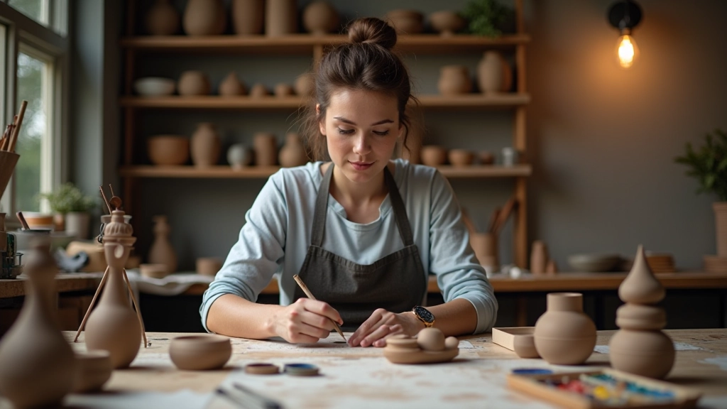 Artist studio with clay works and watercolor supplies showing creative process