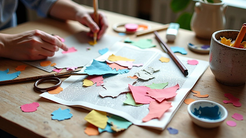 Collage work in progress with torn magazine pages, scissors, and glue arranged on workspace