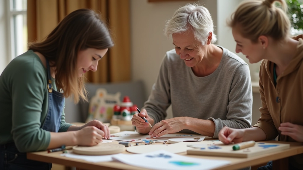 Community art workshop with multiple participants creating pottery and watercolor art together
