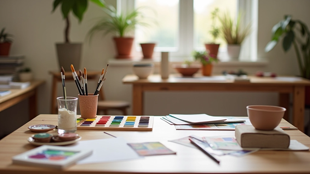 Creative workshop space with watercolour supplies, clay tools, and collage materials arranged on wooden tables with natural light