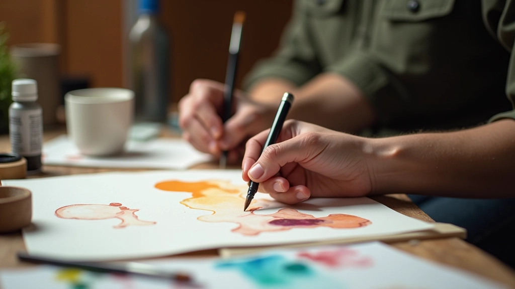 Hands creating art with various materials, watercolour brush on paper, close detail shot of creative work in progress