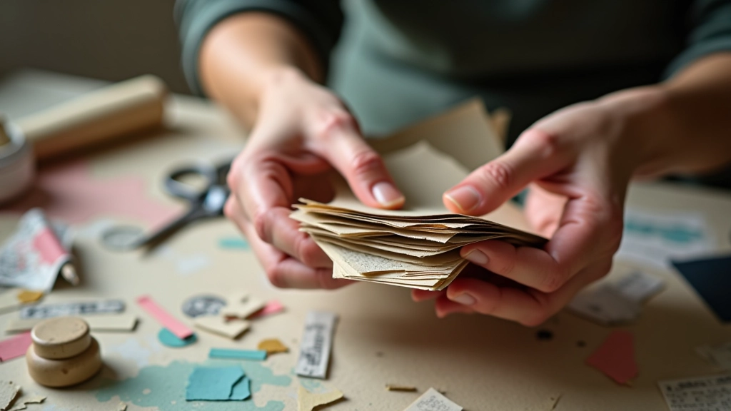 Close-up of hands holding coloured magazine pages and vintage paper, scissors in background, soft natural lighting, detailed texture of paper materials