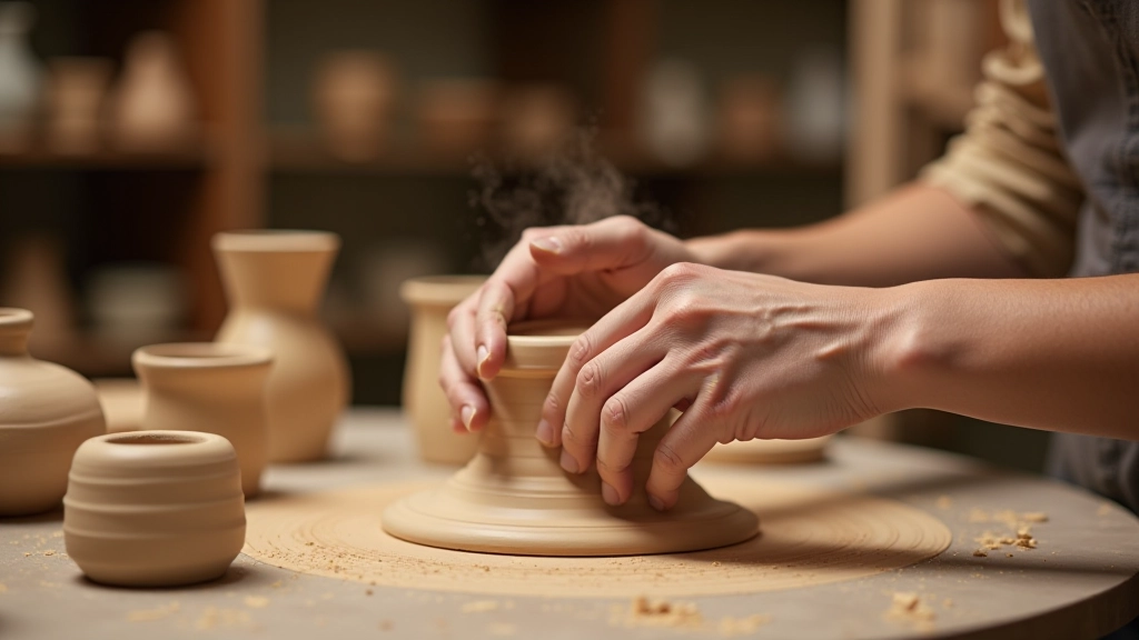 Hands working with clay on pottery wheel