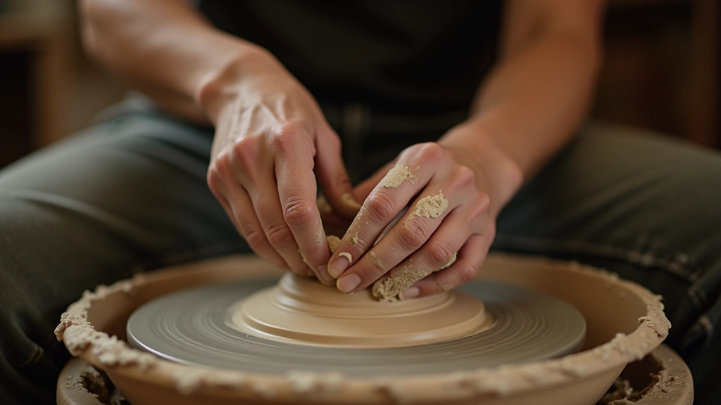 Close-up of hands shaping clay on pottery wheel with water droplets and clay dust