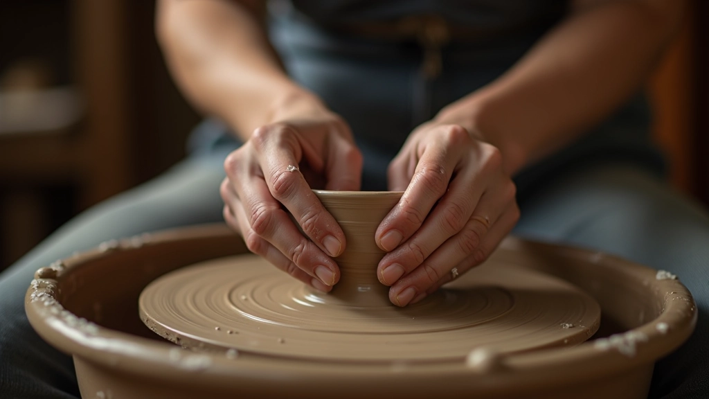 Hands shaping clay on pottery wheel, water spray visible, close focus on fingers and spinning clay