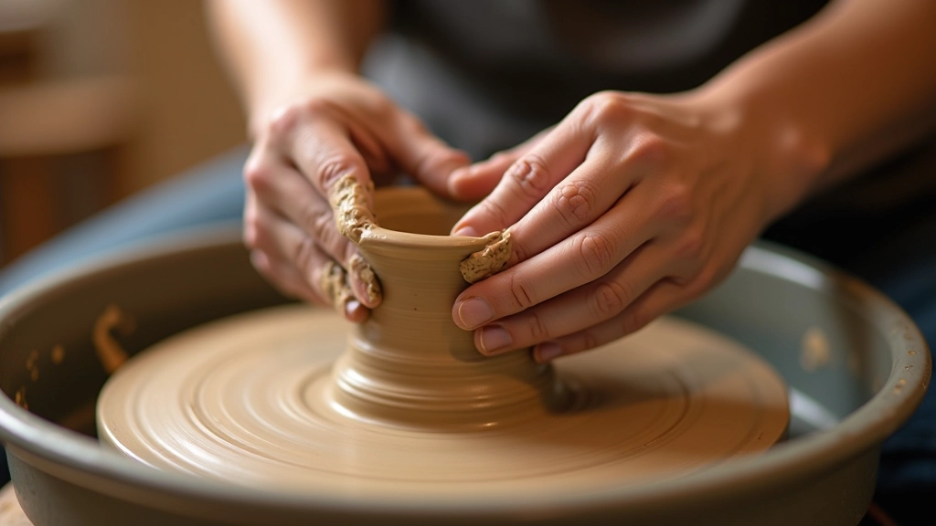 Hands shaping wet clay on a pottery wheel with soft clay dust visible in warm studio light