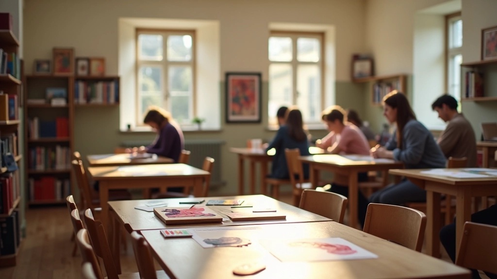 Interior of a bright Irish library with wooden tables, coloured paper and art supplies arranged, natural light from windows, people working on collage projects in background