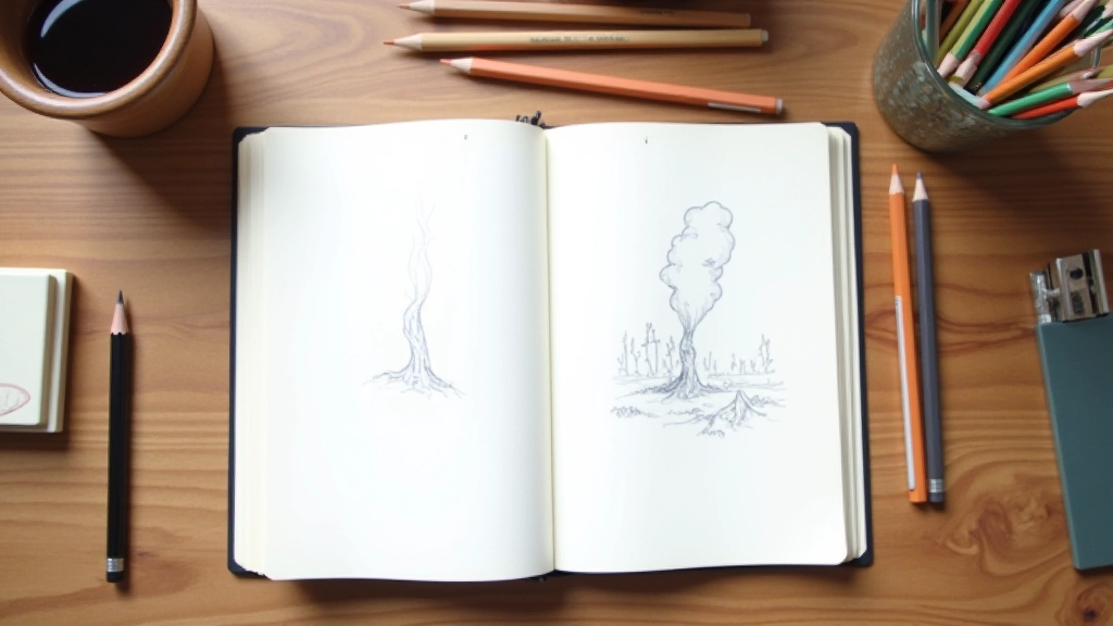 Sketchbook open with pencil drawings of everyday objects, pencils arranged beside the book