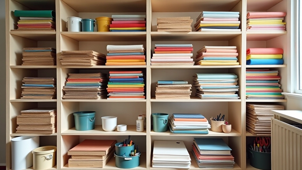 Organised shelves with rolls of coloured paper, stacks of magazines, containers of scissors and glue, natural lighting from above, library or community art centre storage
