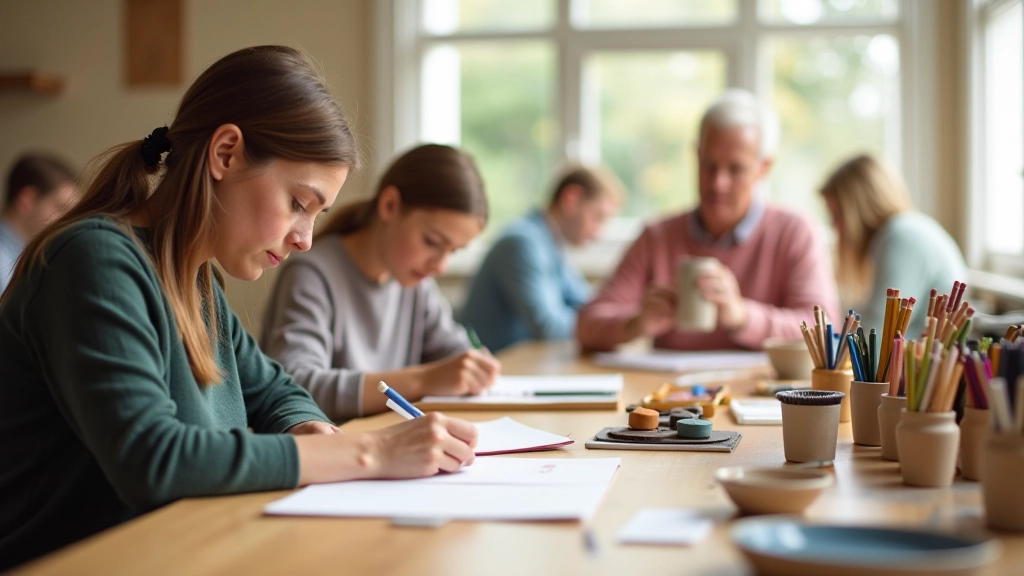 Group of diverse people in an art studio, each working on different creative projects at individual tables with natural light from large windows