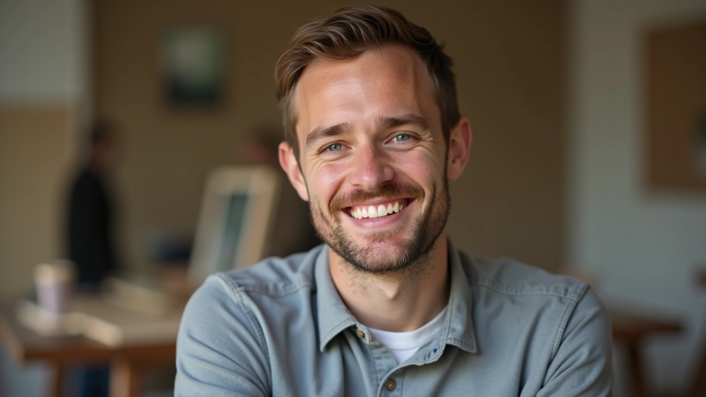 Person smiling during art workshop, satisfied expression, surrounded by their creative work and materials