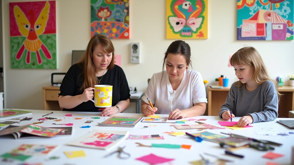 Colorful collage materials and finished collage artworks