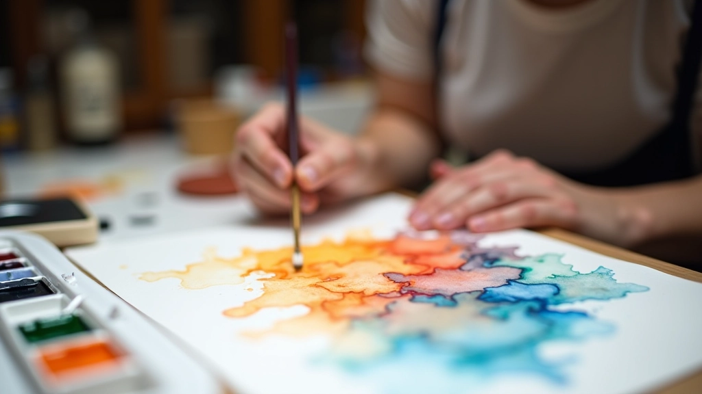 Watercolour palette with wet pigments and brush mid-stroke on paper, water droplets visible
