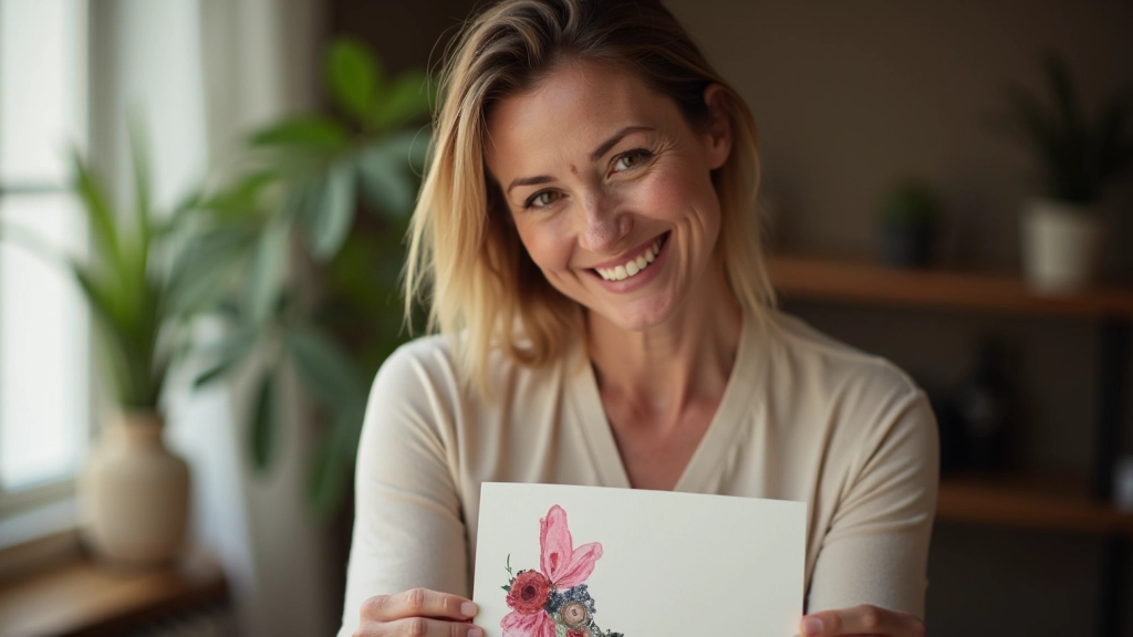 Woman in her 40s, portrait from chest up, smiling while holding a finished collage artwork, natural indoor lighting, warm and approachable expression